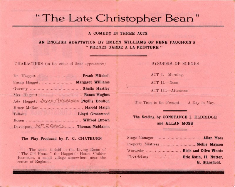 Programme for The Late Christopher Bean, by Emlyn Williams of Rene Fauchois's Prenez Garde a la Peinture, directed by Frederick Chatburn , 10-20 March 1948