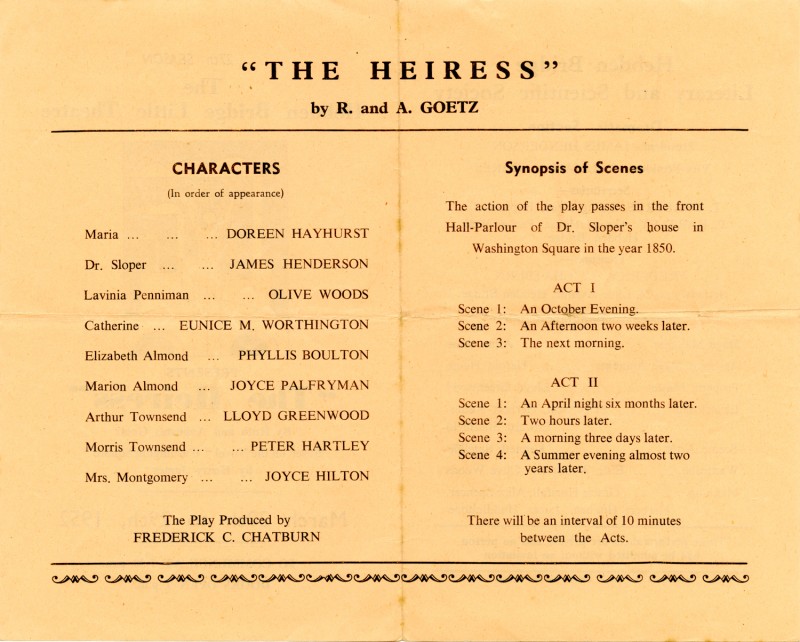 The Heiress, by Ruth and Augustus Goetz, 1952
