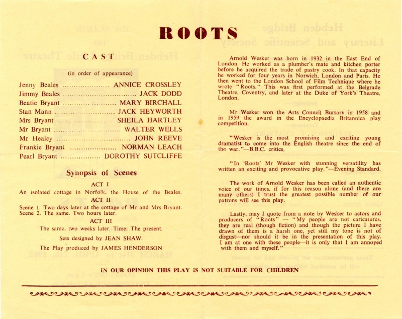 Roots, by Arnold Wesker, directed by James Henderson, 31 March-7 April 1962