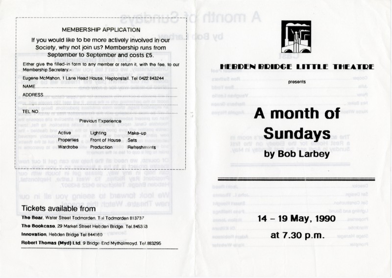 A Month of Sundays, by Bob Larbey, directed by Jacki Reed, 14-19 May, 1990 (the last production in the garage theatre), programme