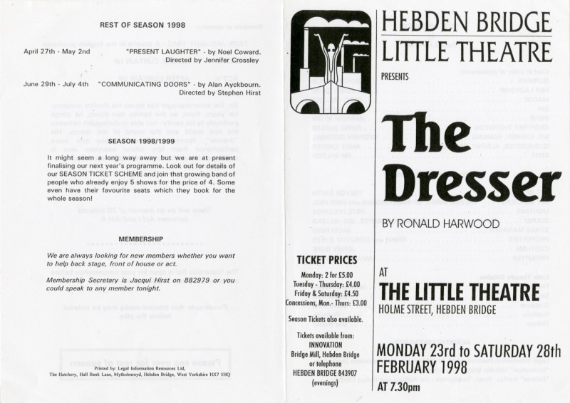 The Dresser, by Ronald Harwood, directed by Ray Riches, 23-28 February, 1998, programme