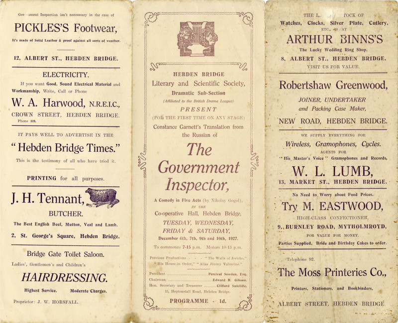 The Government Inspector programme, 1927. The fourth play produced by the Literary and Scientific Dramatic Sub-Section (later becoming the Little Theatre), at the Co-operative Hall, Carlton Street.