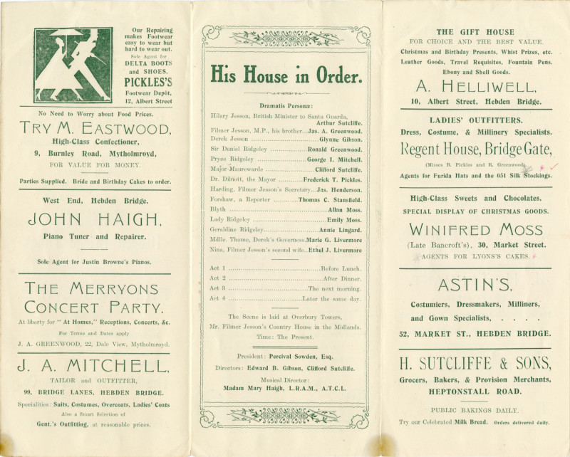 His House in Order programme, 1925. The second play produced by the Literary and Scientific Dramatic Section (later becoming the Little Theatre), at the Co-operative Buildings, Carlton Street.