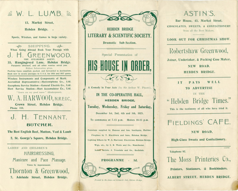 His House in Order programme, 1925. The second play produced by the Literary and Scientific Dramatic Sub-Section (later becoming the Little Theatre), at the Co-operative Hall, Carlton Street.
